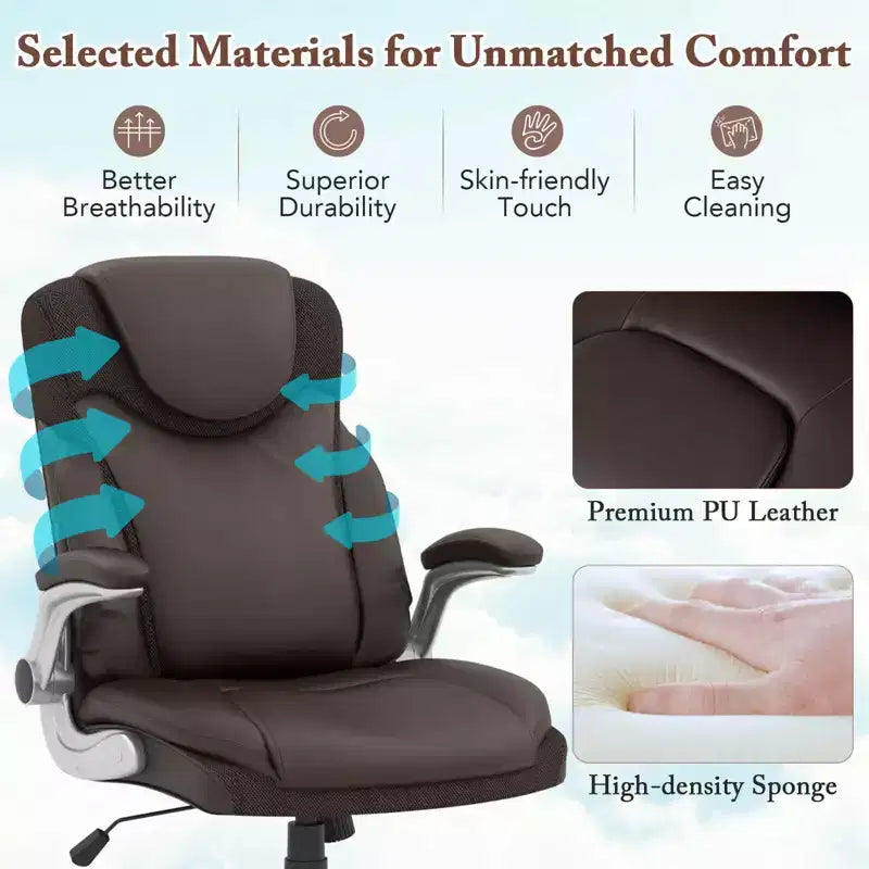 Sedia da ufficio ergonomica in pelle PU direzionale girevole con braccioli ribaltabili Marrone/Bianco/Nero