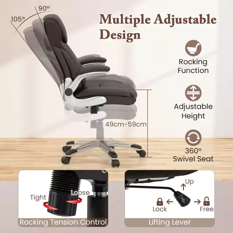 Sedia da ufficio ergonomica in pelle PU direzionale girevole con braccioli ribaltabili Marrone/Bianco/Nero
