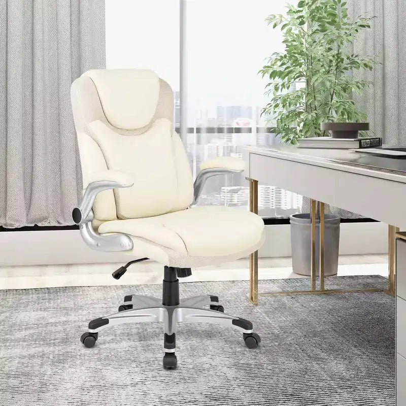 Sedia da ufficio ergonomica in pelle PU direzionale girevole con braccioli ribaltabili Marrone/Bianco/Nero