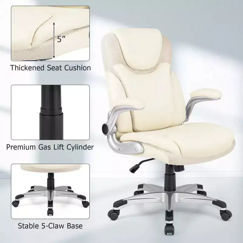 Sedia da ufficio ergonomica in pelle PU direzionale girevole con braccioli ribaltabili Marrone/Bianco/Nero