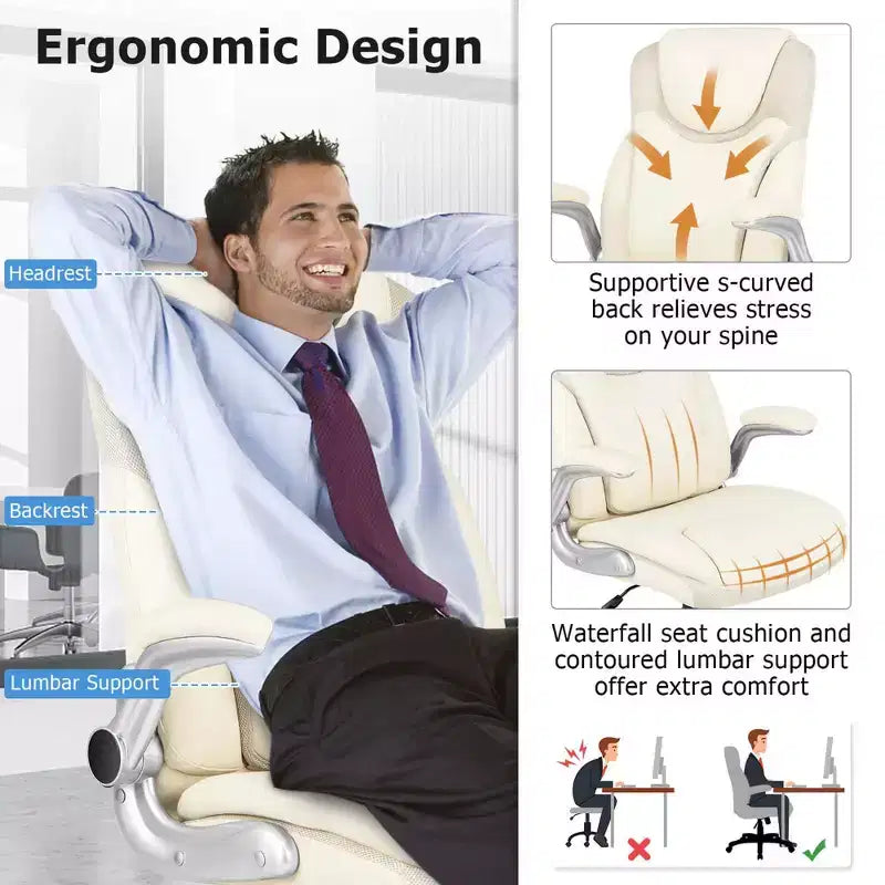 Sedia da ufficio ergonomica in pelle PU direzionale girevole con braccioli ribaltabili Marrone/Bianco/Nero