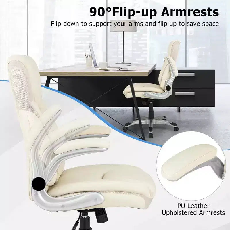 Sedia da ufficio ergonomica in pelle PU direzionale girevole con braccioli ribaltabili Marrone/Bianco/Nero