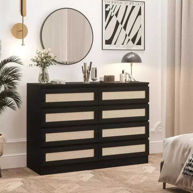 Cassettiera doppia a 8 cassetti per camera da letto, cassettiera in rattan, cassettiera moderna in legno per cameretta, soggiorno e ingresso