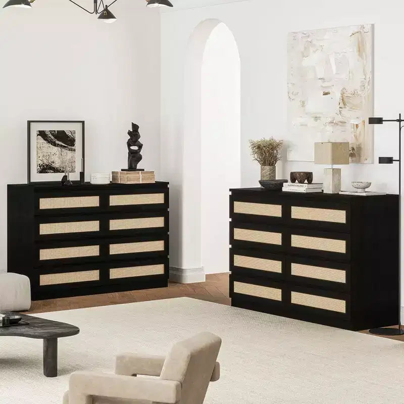 Cassettiera doppia a 8 cassetti per camera da letto, cassettiera in rattan, cassettiera moderna in legno per cameretta, soggiorno e ingresso