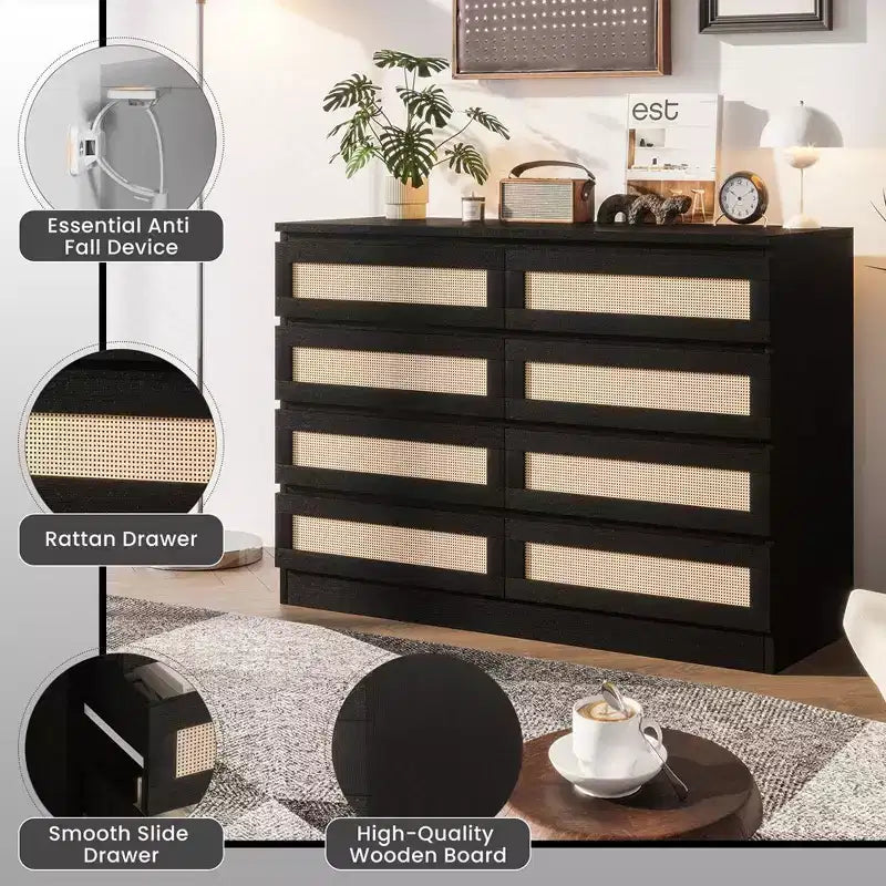 Cassettiera doppia a 8 cassetti per camera da letto, cassettiera in rattan, cassettiera moderna in legno per cameretta, soggiorno e ingresso