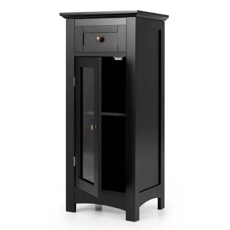 Mobiletto da Bagno a Terra con Anta in Vetro Singola Cassetto e Ripiano Regolabile Nero/Marrone