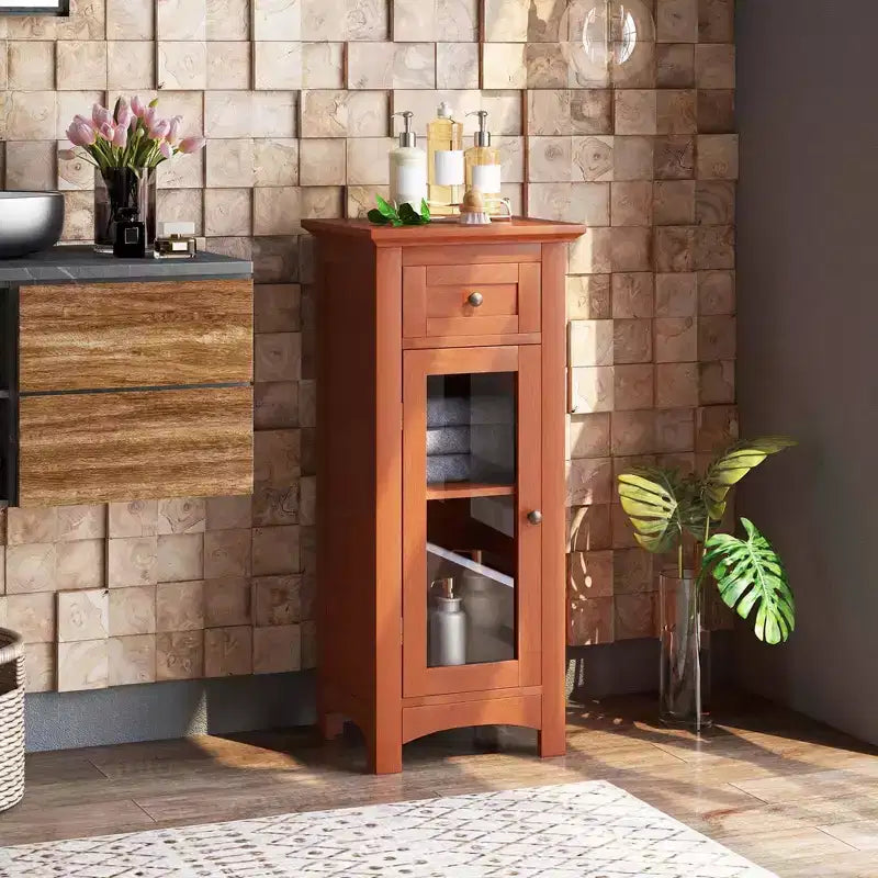 Mobiletto da Bagno a Terra con Anta in Vetro Singola Cassetto e Ripiano Regolabile Nero/Marrone