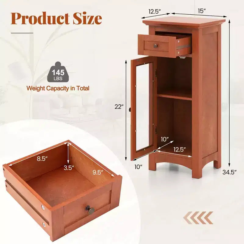 Mobiletto da Bagno a Terra con Anta in Vetro Singola Cassetto e Ripiano Regolabile Nero/Marrone
