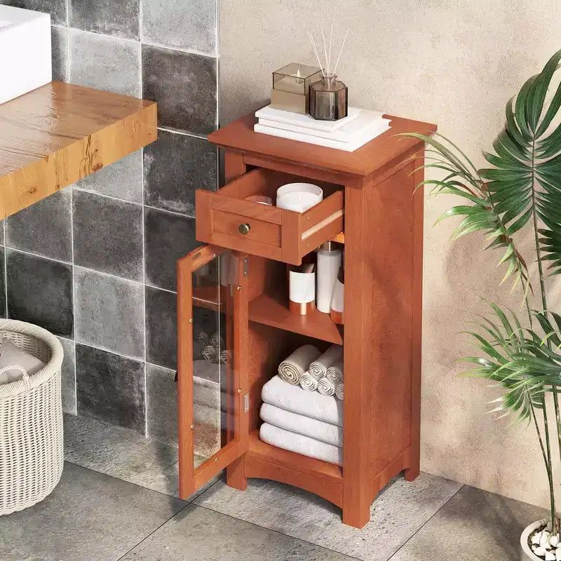 Mobiletto da Bagno a Terra con Anta in Vetro Singola Cassetto e Ripiano Regolabile Nero/Marrone