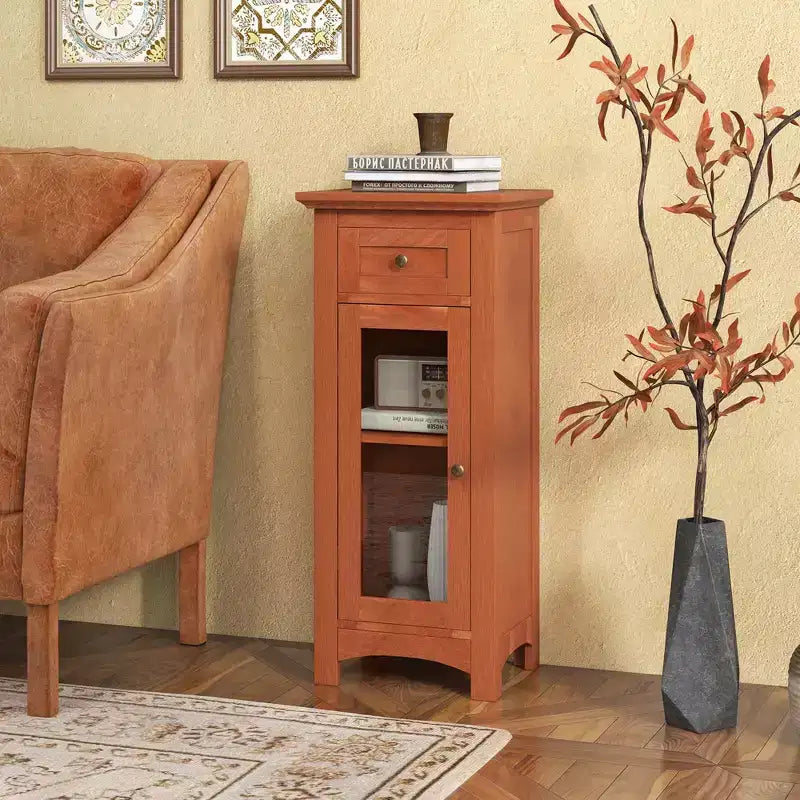 Mobiletto da Bagno a Terra con Anta in Vetro Singola Cassetto e Ripiano Regolabile Nero/Marrone