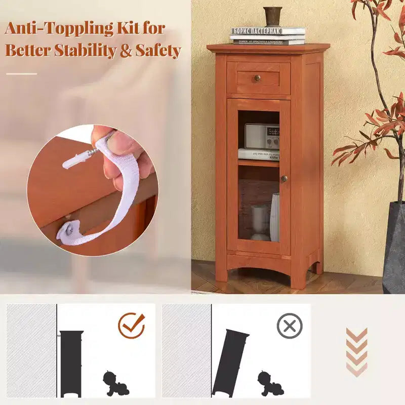 Mobiletto da Bagno a Terra con Anta in Vetro Singola Cassetto e Ripiano Regolabile Nero/Marrone