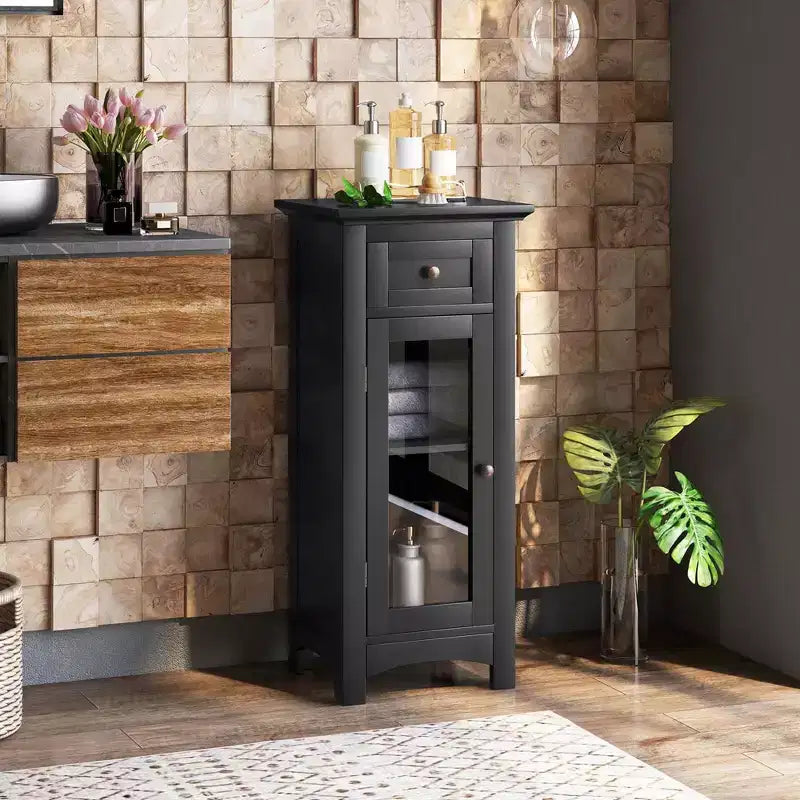 Mobiletto da Bagno a Terra con Anta in Vetro Singola Cassetto e Ripiano Regolabile Nero/Marrone