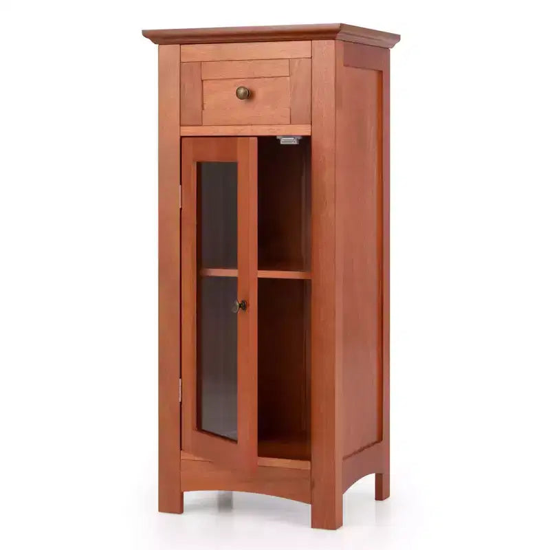 Mobiletto da Bagno a Terra con Anta in Vetro Singola Cassetto e Ripiano Regolabile Nero/Marrone
