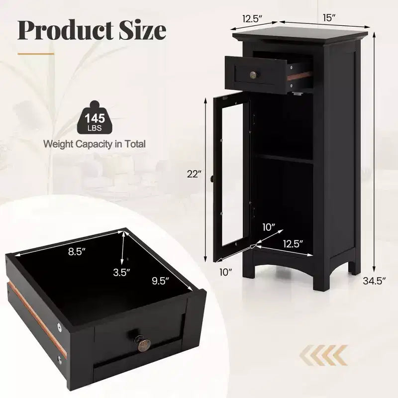Mobiletto da Bagno a Terra con Anta in Vetro Singola Cassetto e Ripiano Regolabile Nero/Marrone