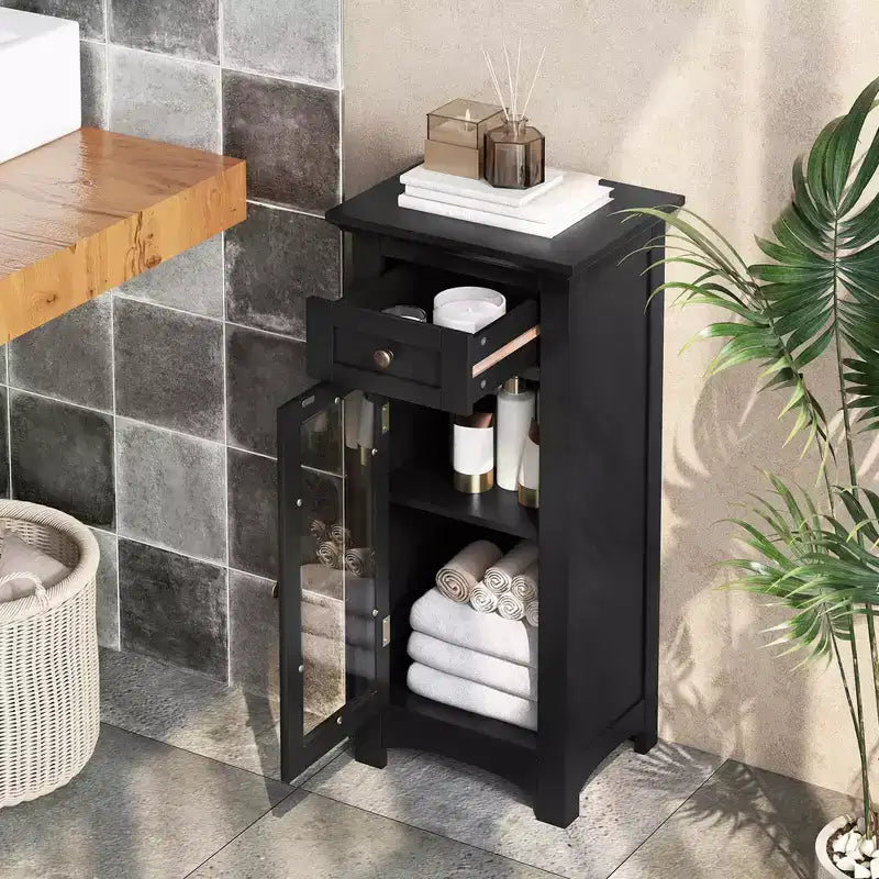 Mobiletto da Bagno a Terra con Anta in Vetro Singola Cassetto e Ripiano Regolabile Nero/Marrone
