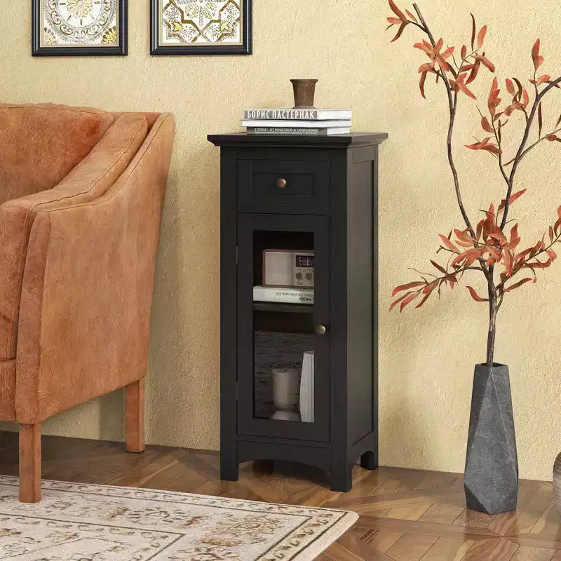 Mobiletto da Bagno a Terra con Anta in Vetro Singola Cassetto e Ripiano Regolabile Nero/Marrone