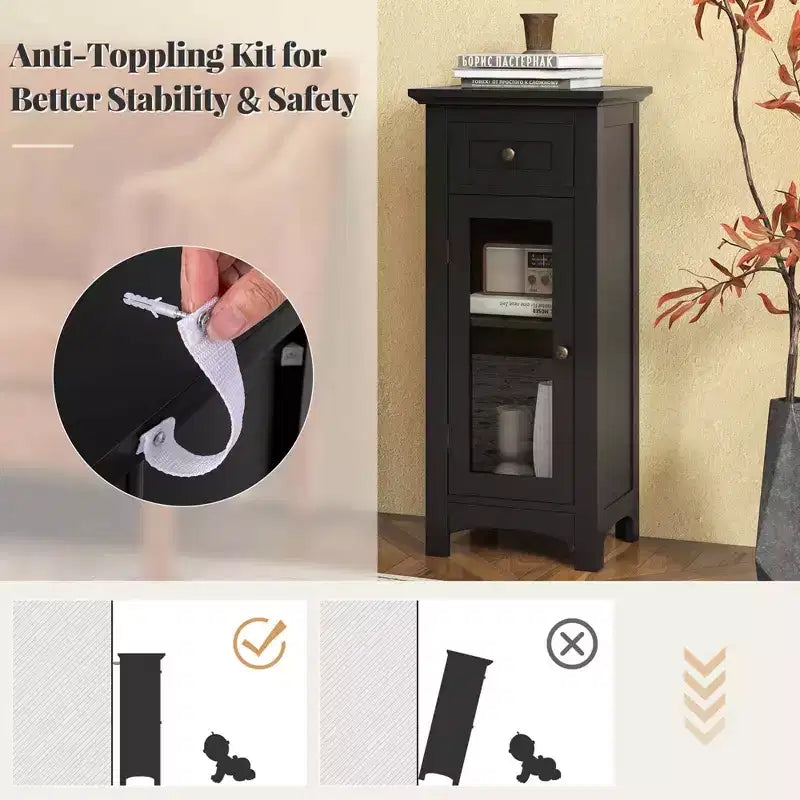 Mobiletto da Bagno a Terra con Anta in Vetro Singola Cassetto e Ripiano Regolabile Nero/Marrone