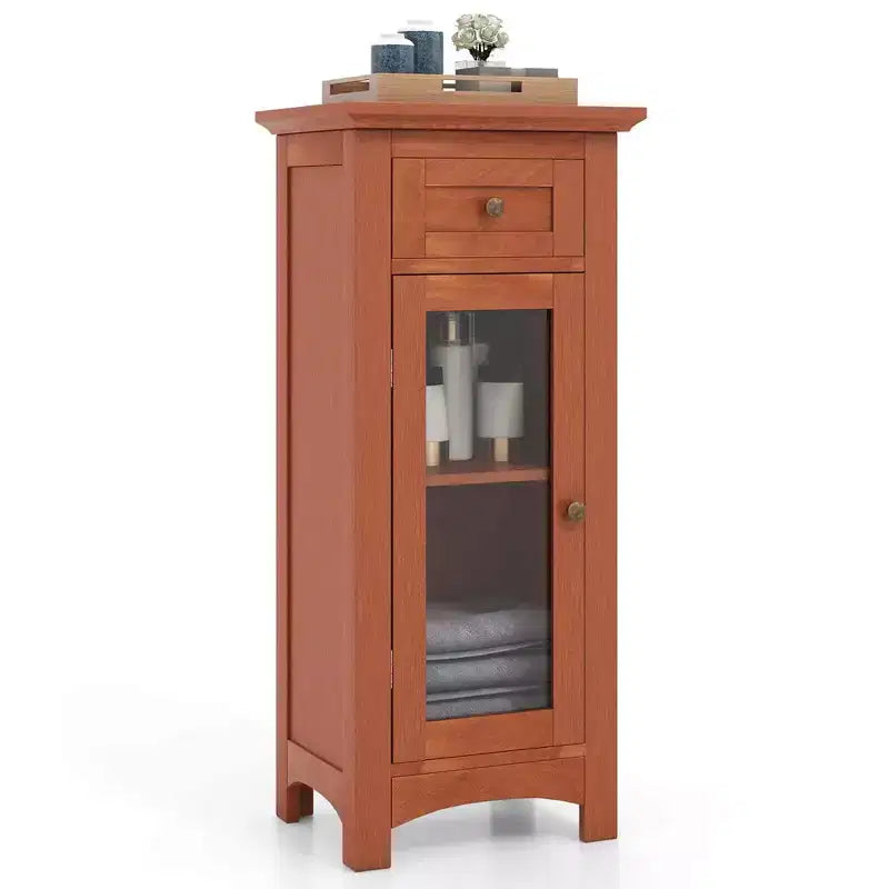 Mobiletto da Bagno a Terra con Anta in Vetro Singola Cassetto e Ripiano Regolabile Nero/Marrone