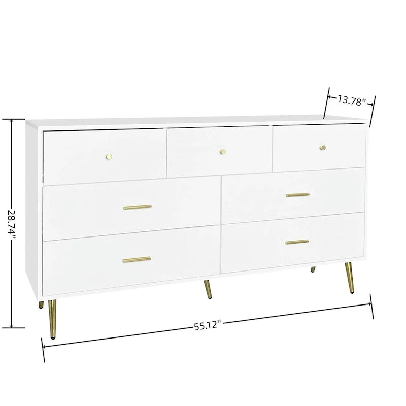 Cassettiera grande a sette cassetti con maniglie e gambe dorate