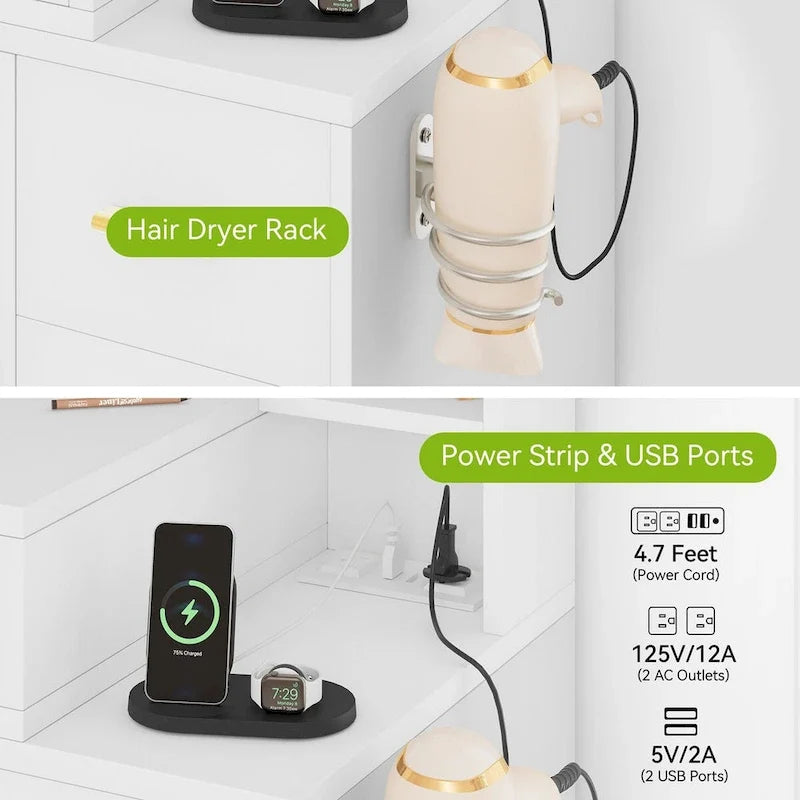 Coiffeuse avec prises intégrées et miroir éclairé - 55.1 H X 43.3 L X 15.74 W