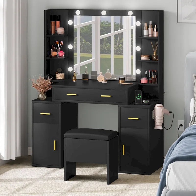Coiffeuse avec prises intégrées et miroir éclairé - 55.1 H X 43.3 L X 15.74 W