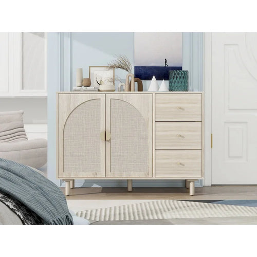 Dispensa in legno con 2 ante e 3 cassetti, ripiani laminati regolabili, mobile contenitore per soggiorno e cucina