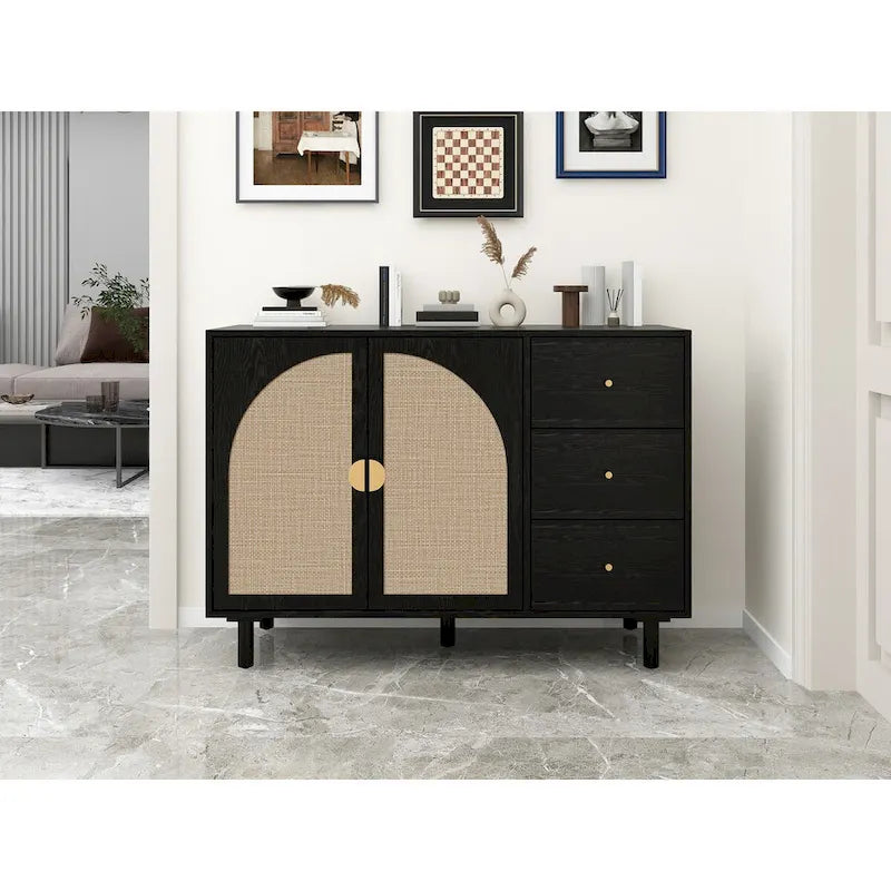 Dispensa in legno con 2 ante e 3 cassetti, ripiani laminati regolabili, mobile contenitore per soggiorno e cucina