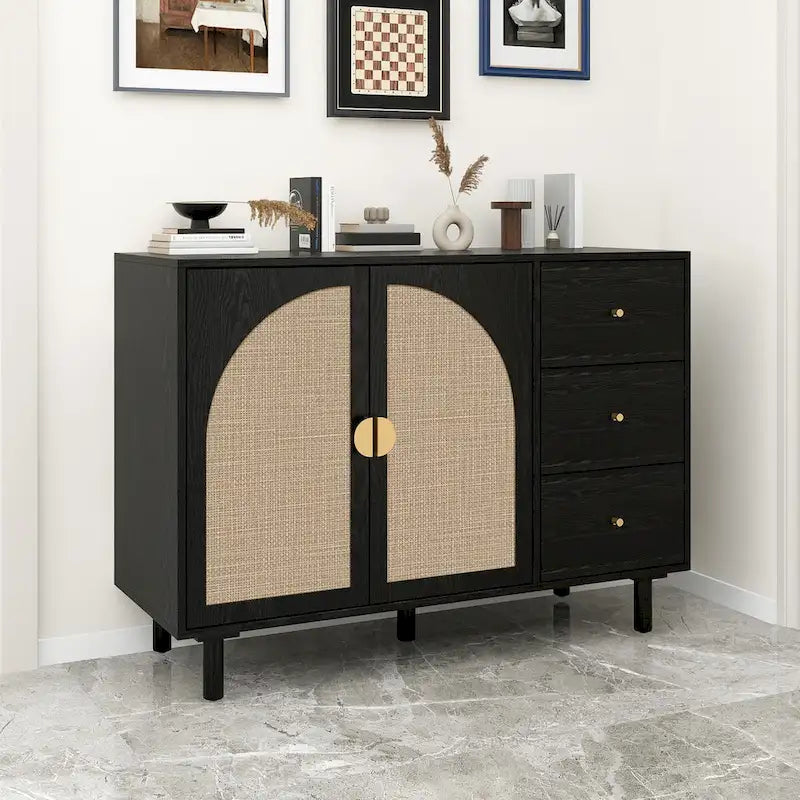 Dispensa in legno con 2 ante e 3 cassetti, ripiani laminati regolabili, mobile contenitore per soggiorno e cucina