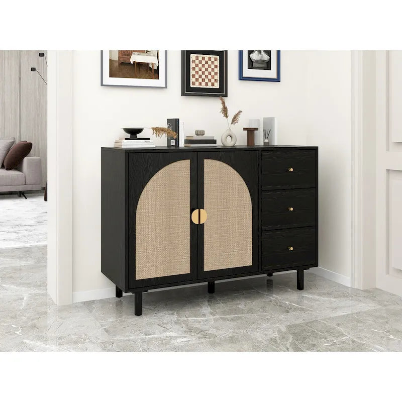 Dispensa in legno con 2 ante e 3 cassetti, ripiani laminati regolabili, mobile contenitore per soggiorno e cucina