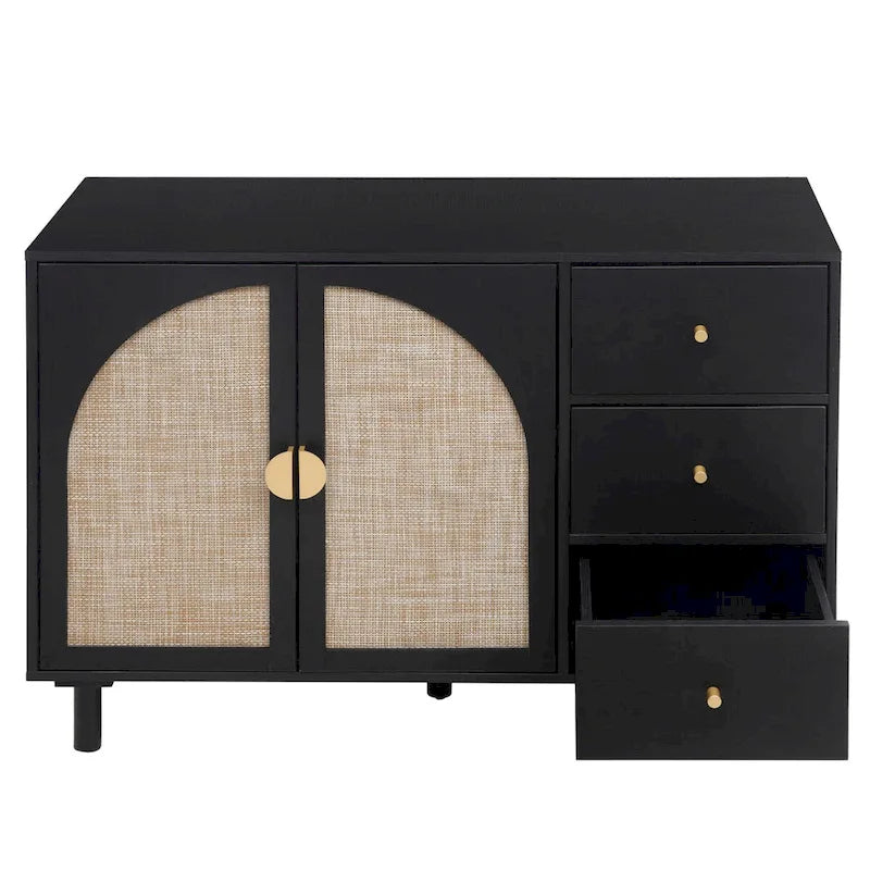 Dispensa in legno con 2 ante e 3 cassetti, ripiani laminati regolabili, mobile contenitore per soggiorno e cucina
