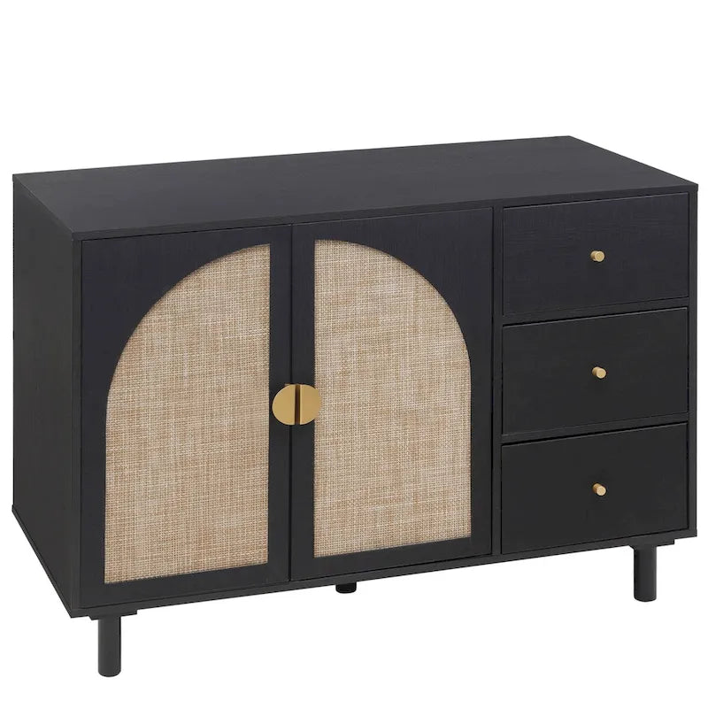 Dispensa in legno con 2 ante e 3 cassetti, ripiani laminati regolabili, mobile contenitore per soggiorno e cucina