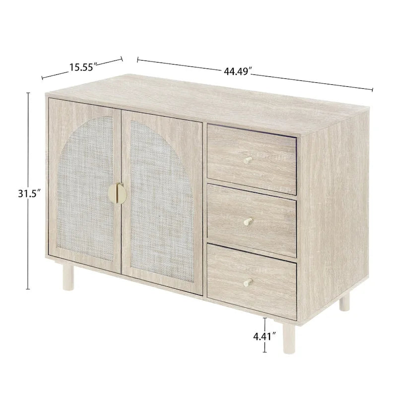 Dispensa in legno con 2 ante e 3 cassetti, ripiani laminati regolabili, mobile contenitore per soggiorno e cucina