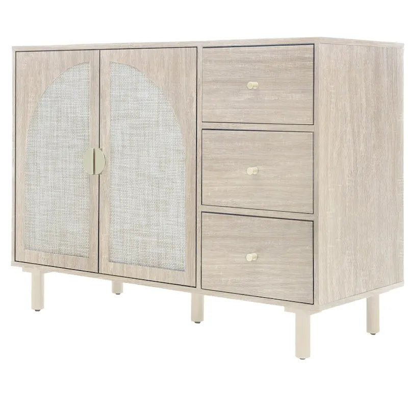Dispensa in legno con 2 ante e 3 cassetti, ripiani laminati regolabili, mobile contenitore per soggiorno e cucina
