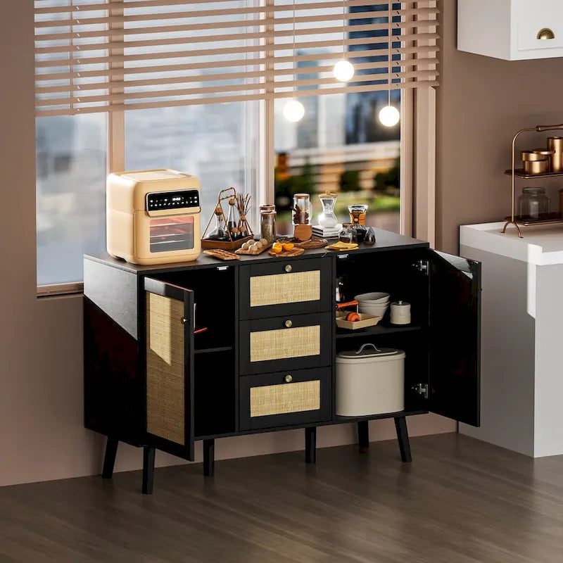 Modernes schwarzes Buffet-Sideboard aus Holz und Rattan, Akzent-Stauraumschrank mit 3 Schubladen und 2 Türen