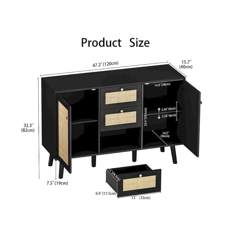 Modernes schwarzes Buffet-Sideboard aus Holz und Rattan, Akzent-Stauraumschrank mit 3 Schubladen und 2 Türen