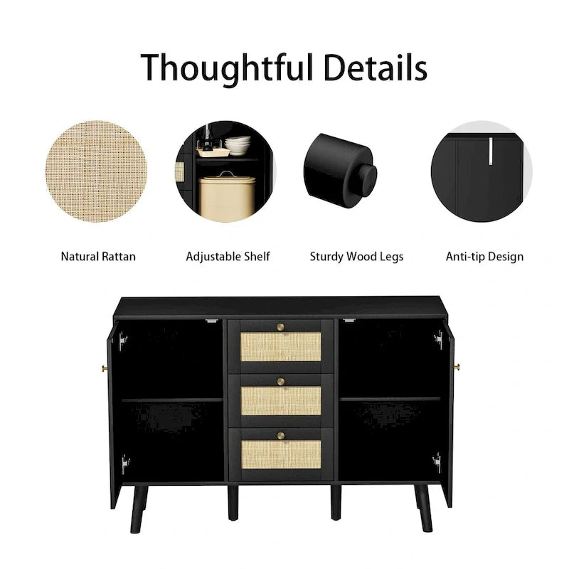 Modernes schwarzes Buffet-Sideboard aus Holz und Rattan, Akzent-Stauraumschrank mit 3 Schubladen und 2 Türen