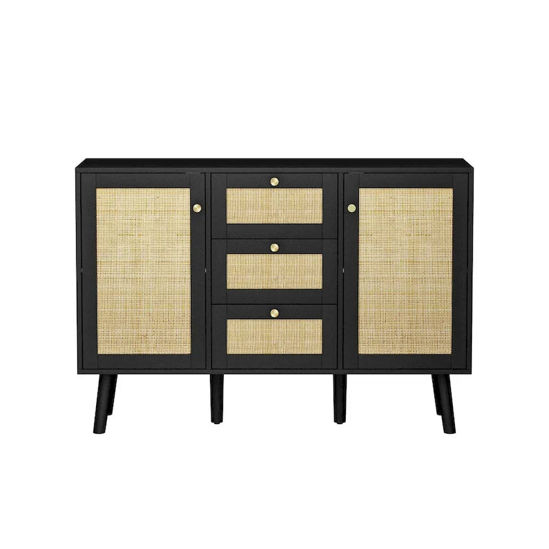 Modernes schwarzes Buffet-Sideboard aus Holz und Rattan, Akzent-Stauraumschrank mit 3 Schubladen und 2 Türen