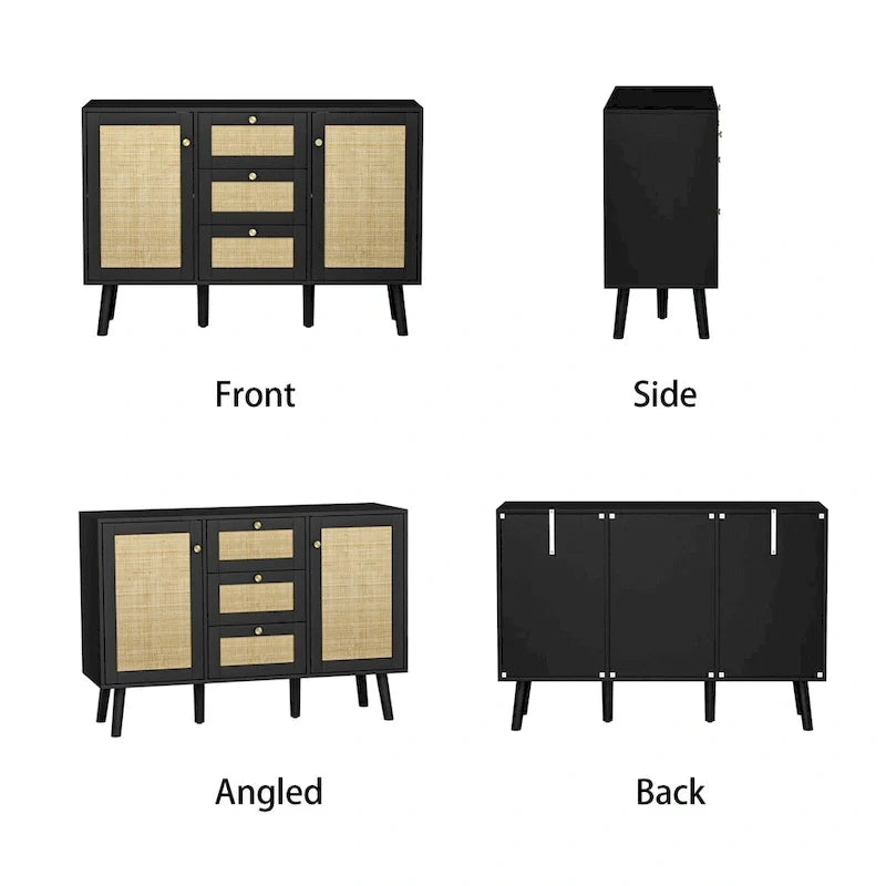 Modernes schwarzes Buffet-Sideboard aus Holz und Rattan, Akzent-Stauraumschrank mit 3 Schubladen und 2 Türen