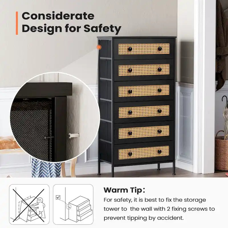 Cassettiera a 6 cassetti in PE e rattan, mobile contenitore e organizer